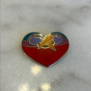 Vintage Laurel Burch “Bird Heart”Shaped Enamel Brooch with Red and Gold Accents